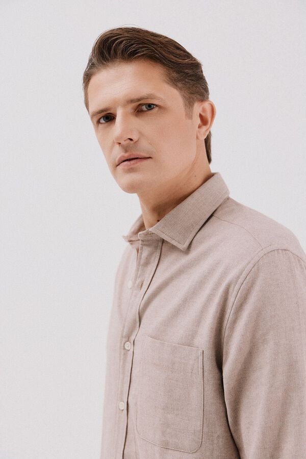 Cortefiel Flannel herringbone shirt Beige