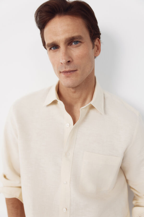 Cortefiel Striped linen cotton shirt Yellow