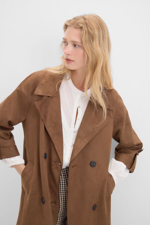 Cortefiel Faux suede trench coat Camel