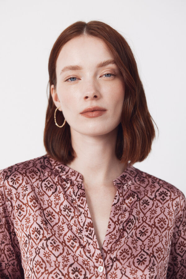 Cortefiel Printed satin mandarin shirt Printed purple