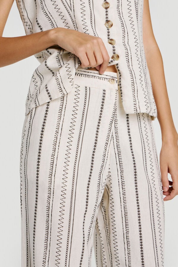 Vila Cal&ccedil;a comprida com estampado &eacute;tnico em algod&atilde;o e linho Tostado