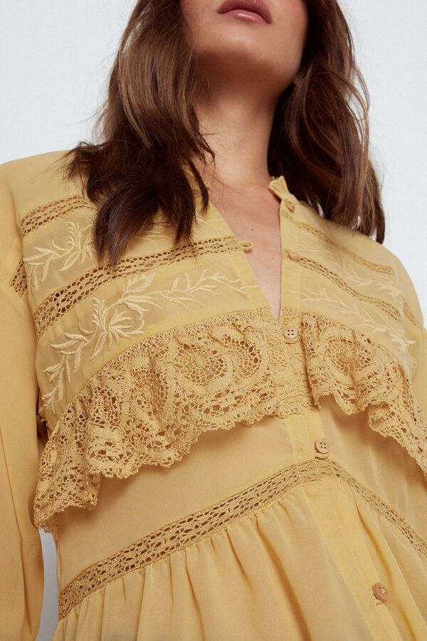 Cortefiel Embroidered kaftan with lace Gold