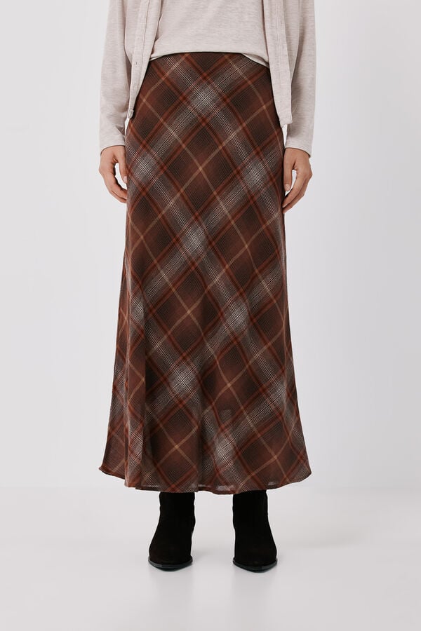 Cortefiel Plaid midi skirt Printed brown