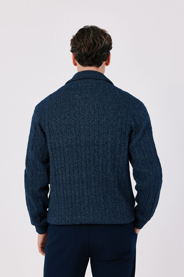 Cortefiel Cotton braided knit zip fastening cardigan Blue