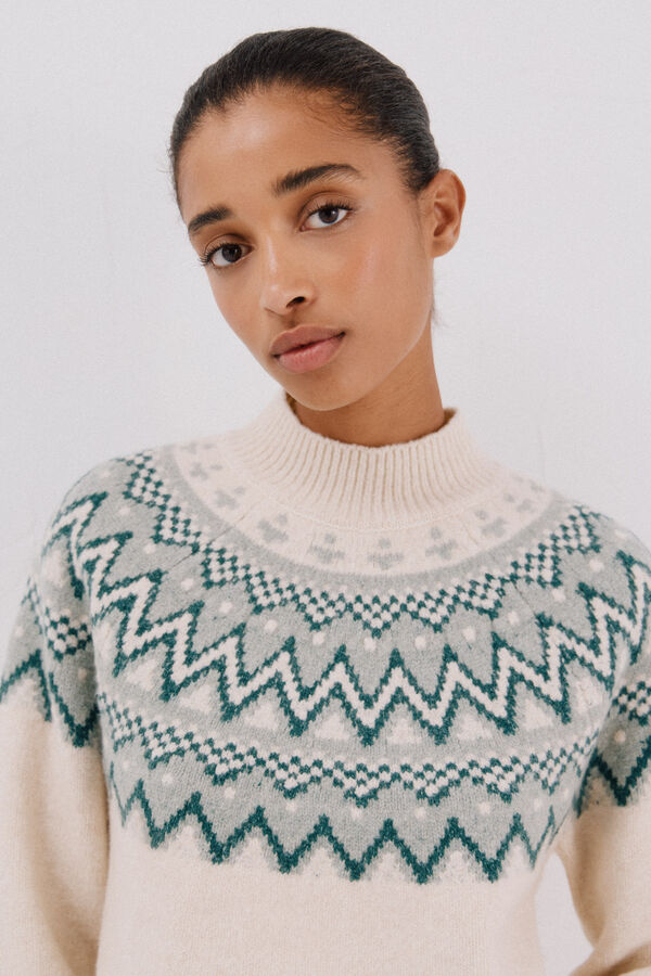 Cortefiel Placement jacquard jumper. Ivory