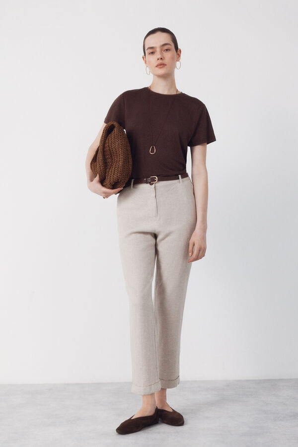Cortefiel Linen -shirt with lurex neckline Dark brown