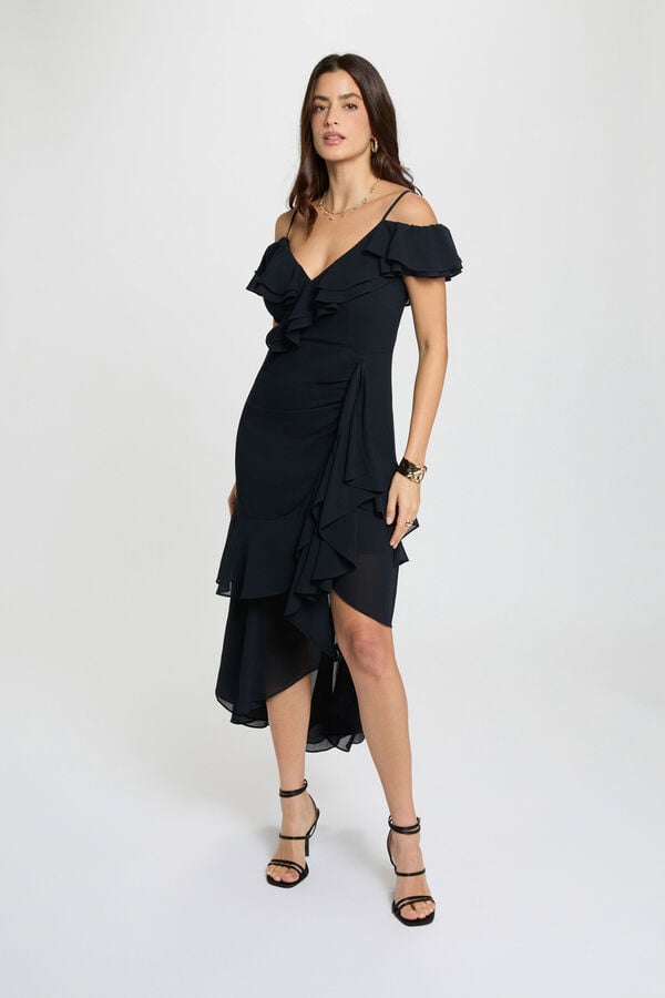 Morgan Vestido midi reto com folhos Azul