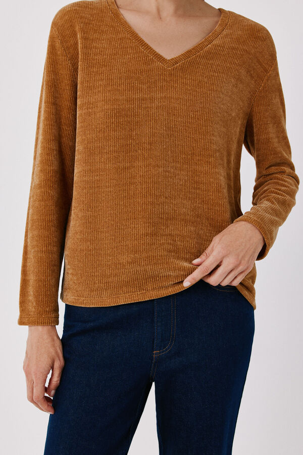 Cortefiel Chenille V-neck T-shirt Gold