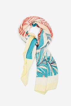 Cortefiel Silky tropical print pleated scarf Natural