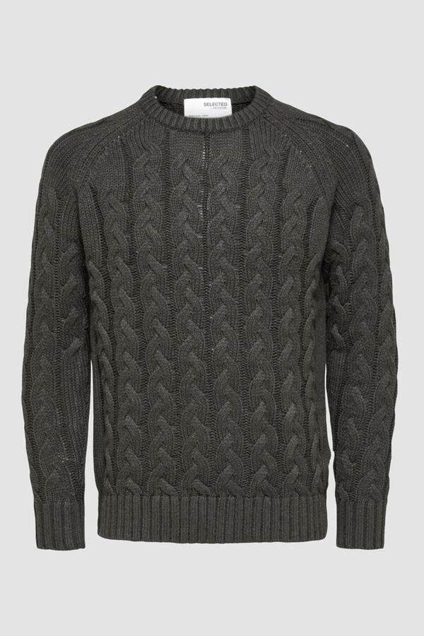 Cortefiel Round neck cable knit jumper Grey