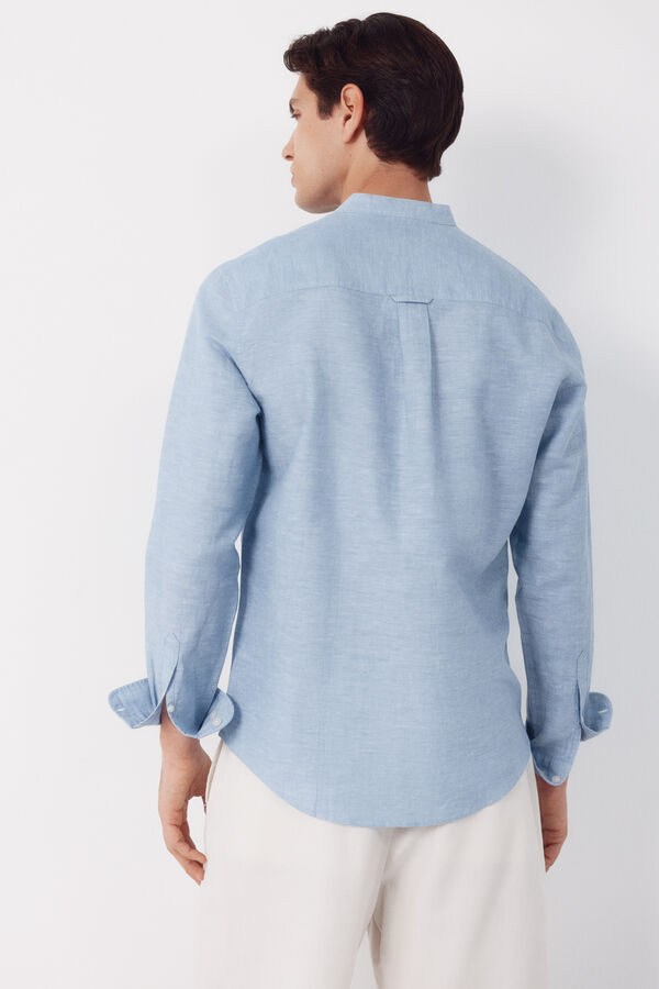 Cortefiel Plain linen cotton mandarin collar shirt Blue