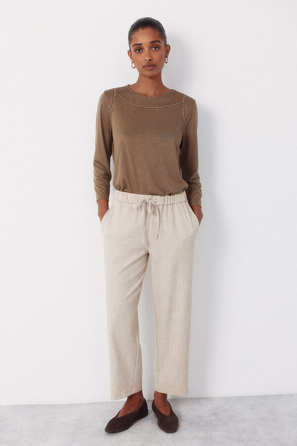 Cortefiel Hemstitch detail t-shirt Kaki