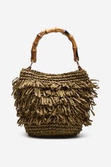 Cortefiel Raffia fringed handbag Kaki