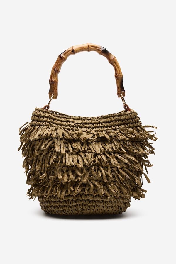 Cortefiel Raffia fringed handbag Kaki