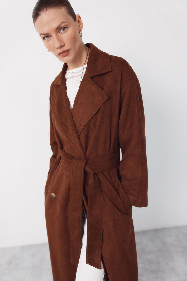 Cortefiel Long trench coat with suede effect Brown