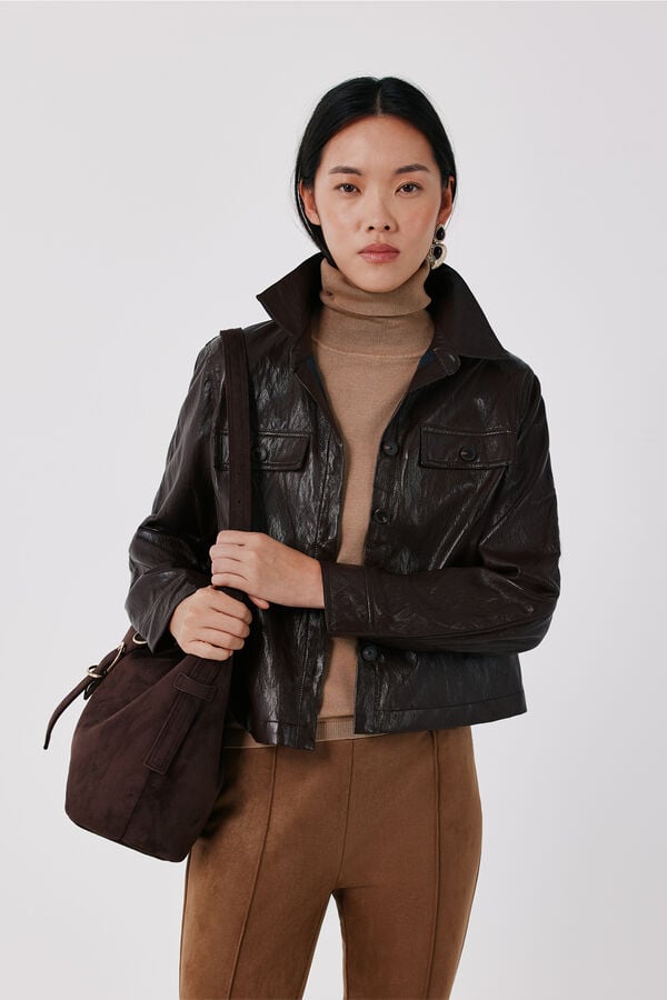 Cortefiel Faux leather lightweight jacket Dark brown
