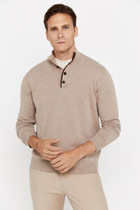 Cortefiel Cotton-silk cashmere high neck jumper with buttons Beige