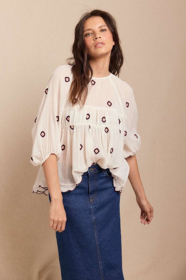 Slowlove Blusa frunces bordados Blanco
