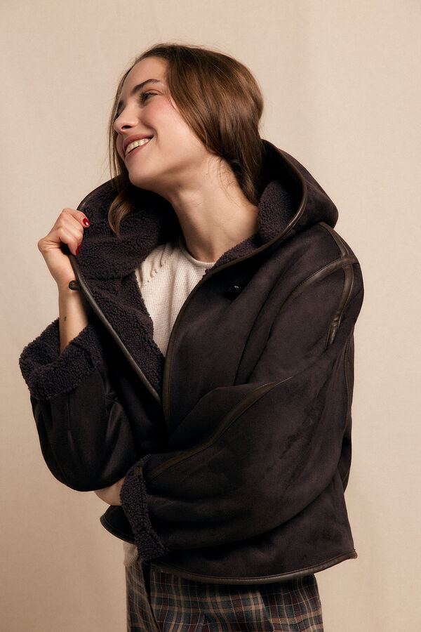 Slowlove Sobretudo curto com efeito dupla face e capuz Castanho