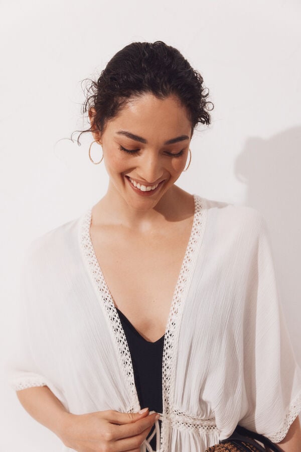 Cortefiel Short lace-trim kaftan White