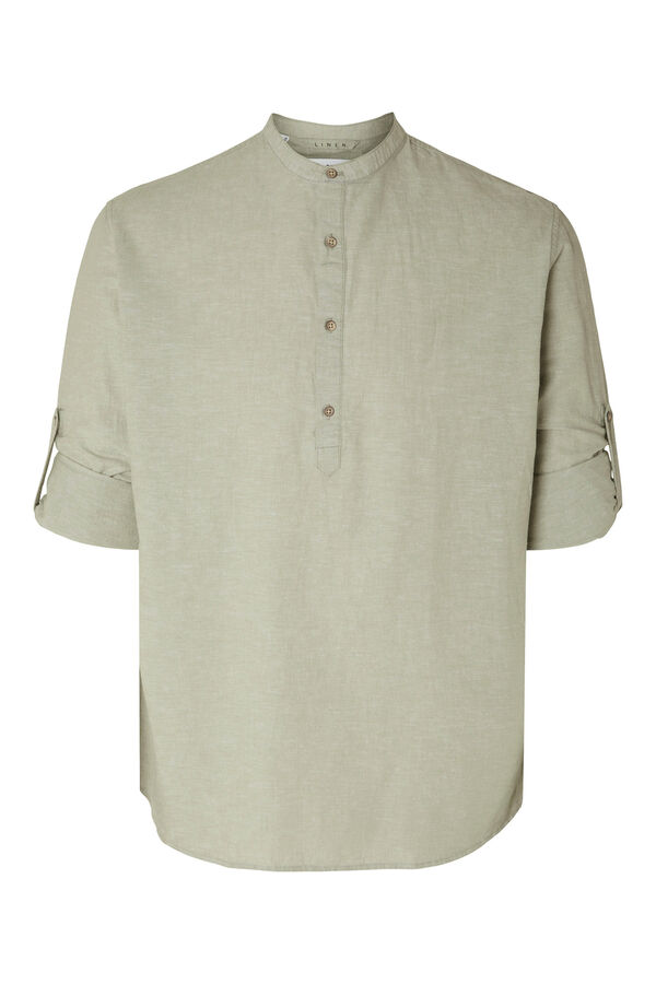 Cortefiel Camisa de cuello mao y manga multiposición confeccionada con lino y algodón reciclado. Verde pistacho
