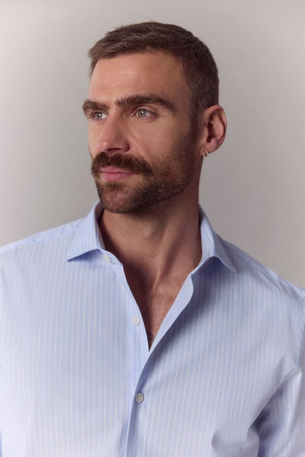 OOTO Camisa &agrave;s riscas manga comprida em popelina Azul