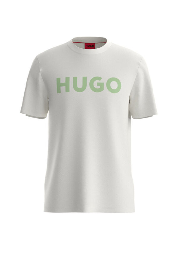 HUGO Camiseta de malha de algod&atilde;o com regular fit e logo estampado Ecru