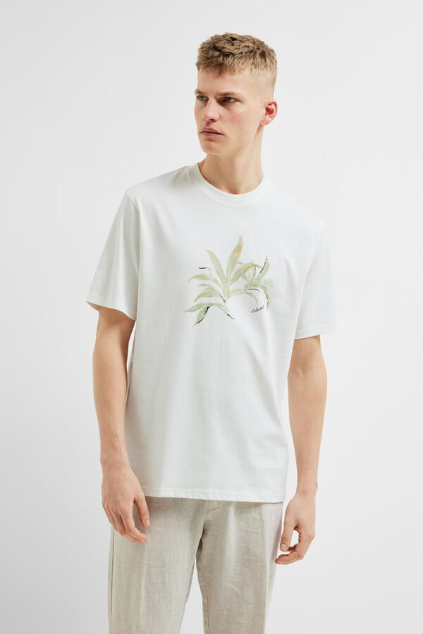 Cortefiel Camiseta de manga corta con dibujo floral confeccionada 100% con algodón orgánico. Blanco