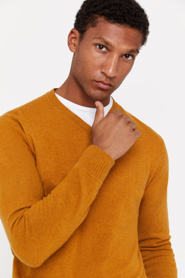 Jersey de lana reciclada color-block naranja y beige - Moda ética