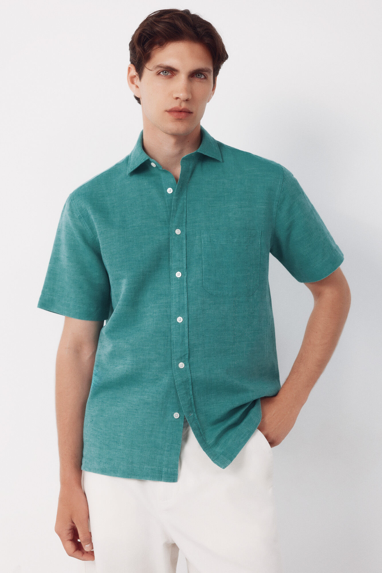 Cortefiel Camisa algod&oacute;n lino lisa manga corta