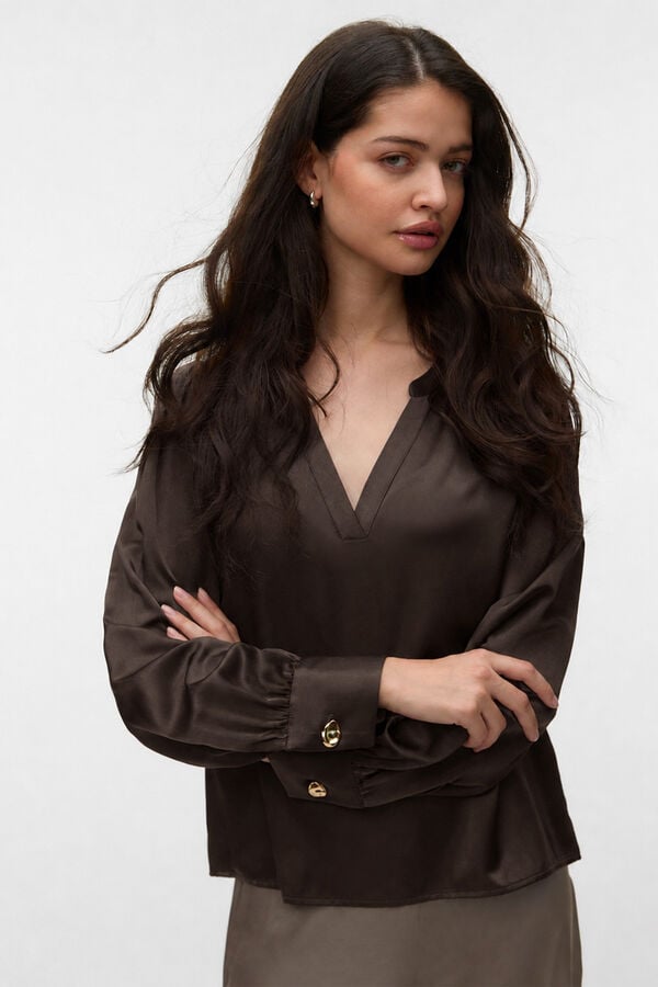 Vero Moda Blusa acetinada com bot&otilde;es dourados Castanho