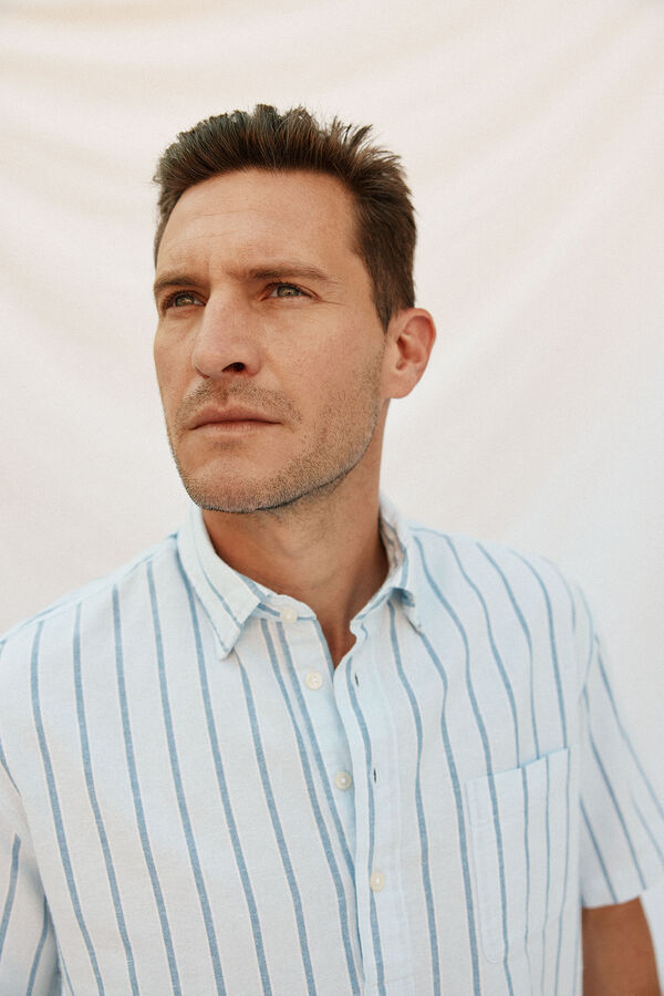 Cortefiel Striped cotton linen short sleeve shirt Blue