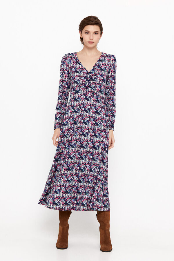 Cortefiel Printed jersey-knit dress with gathered detail Printed blue
