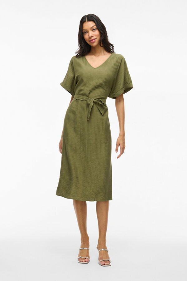 Vila Vestido midi manga 2/4 com viscose Verde