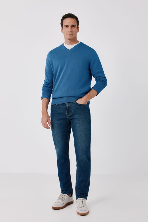 Cortefiel Cotton fine knit V-neck jumper Blue