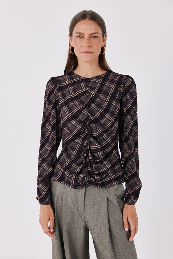 Cortefiel Fitted checked ruffle blouse Printed grey