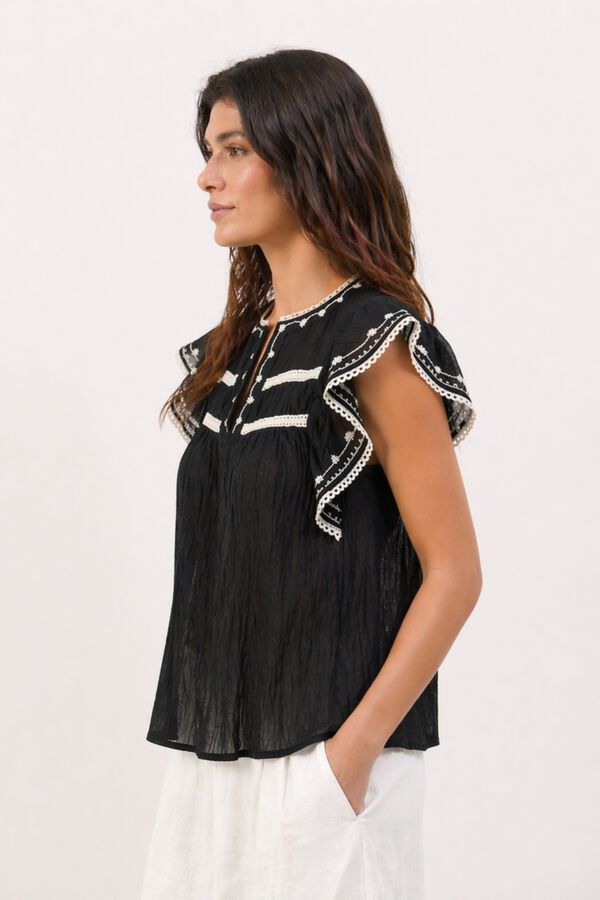 Vila Blusa com bordados em algod&atilde;o org&acirc;nico Impress&atilde;o