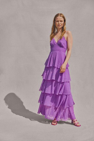 Cortefiel Long polka-dot evening dress with ruffles Lilac