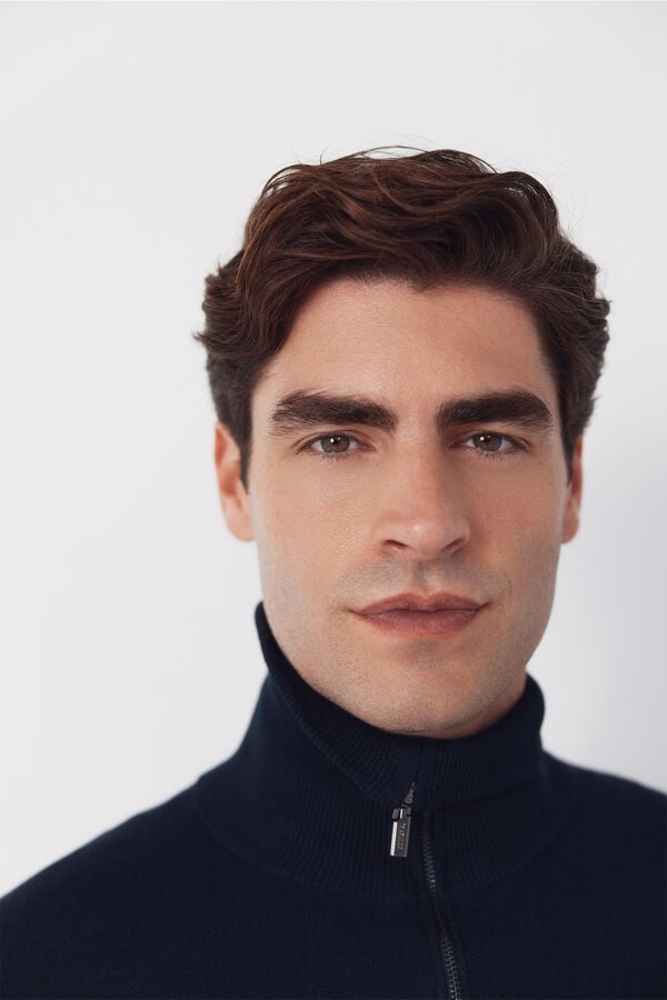 Cortefiel Cotton cardigan with zip fastening and polo shirt neck Navy