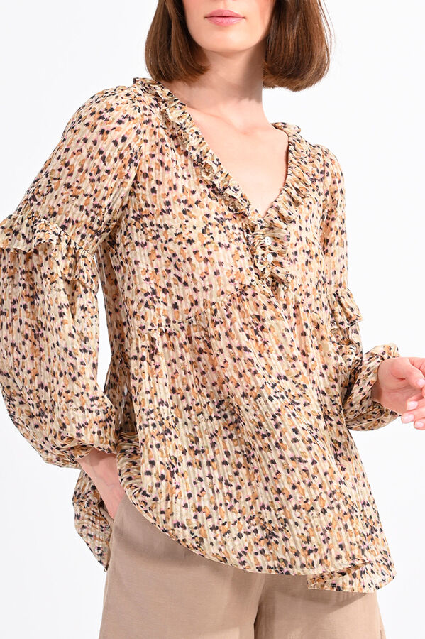 Cortefiel Women's pleated blouse in a print with long sleeves Beige