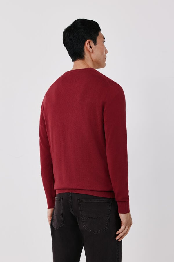 Cortefiel Cotton cashmere knit V-neck jumper Maroon