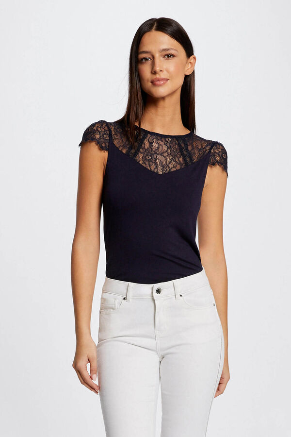 Cortefiel Short-sleeved T-shirt with lace Navy