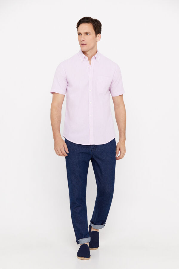 Cortefiel Striped seersucker short-sleeved shirt Pink