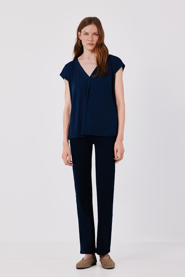 Cortefiel Camiseta pico con detalle puntilla Azul marino