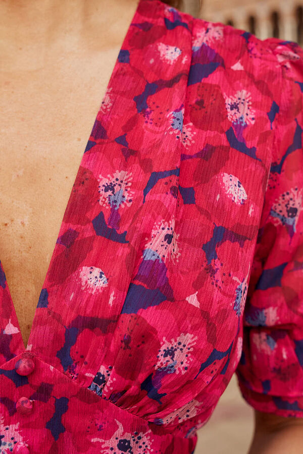 Pol&iacute;n Et Moi Vestido estampado flor ros&aacute;rio cereja Subiu