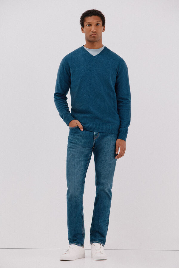 Cortefiel Lambswool round V wool sweater Blue