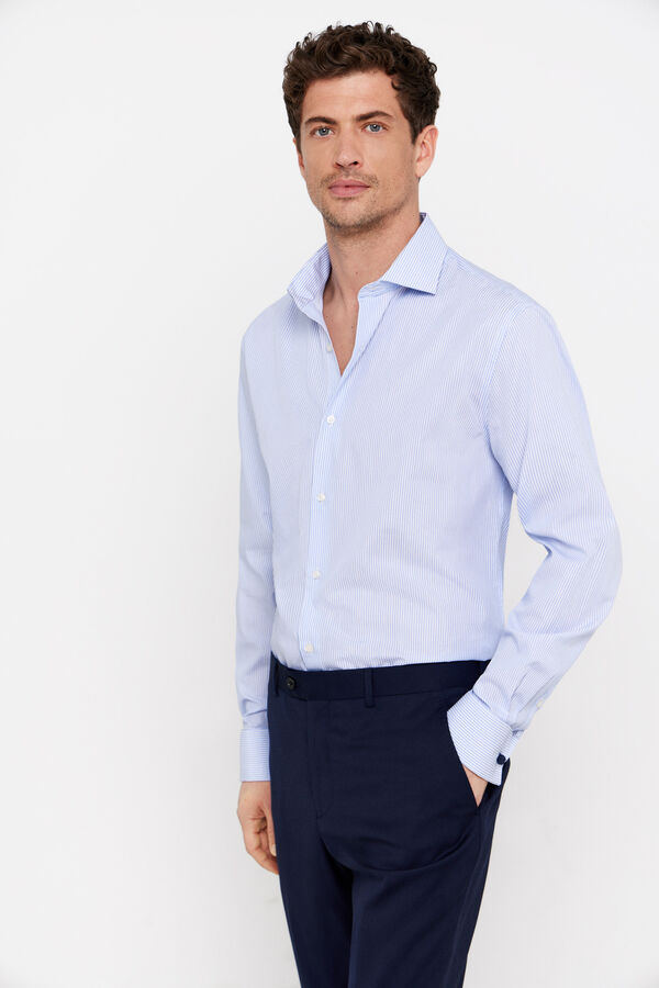 Cortefiel Striped easy-iron double cuff shirt Blue