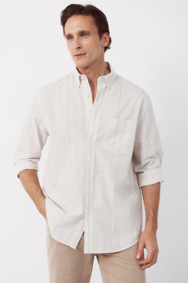 Cortefiel Striped cotton slub shirt Beige