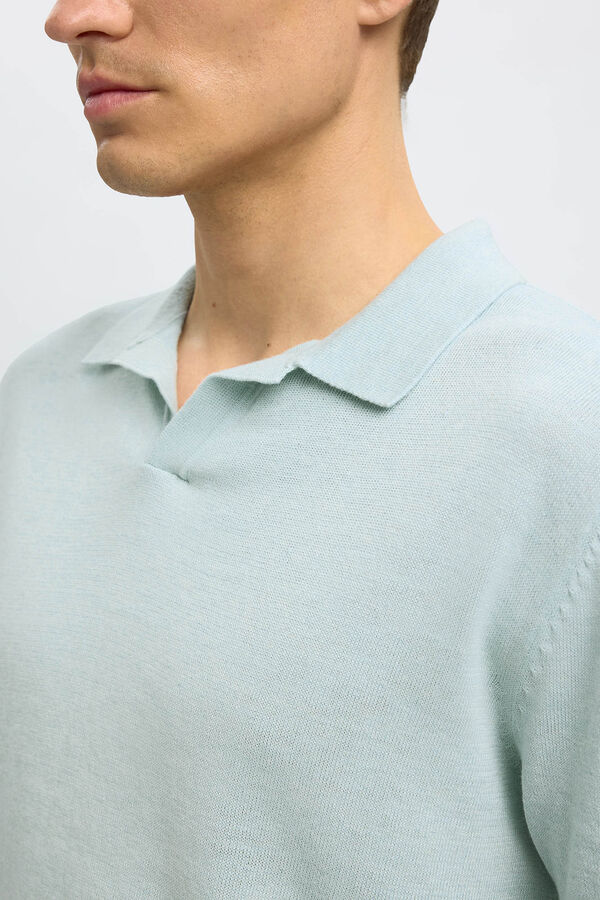 Selected short sleeve linen polo shirt Blue