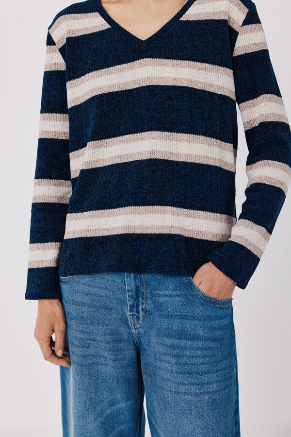 Cortefiel Chenille V-neck T-shirt Printed blue